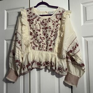 Calypso St. Barth Cream and Red Embroidered Blouse